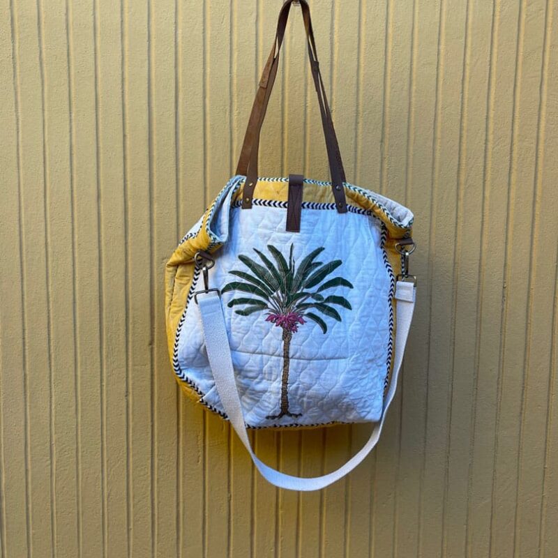 Bolsa de tela asas cuero y amarillo palmera