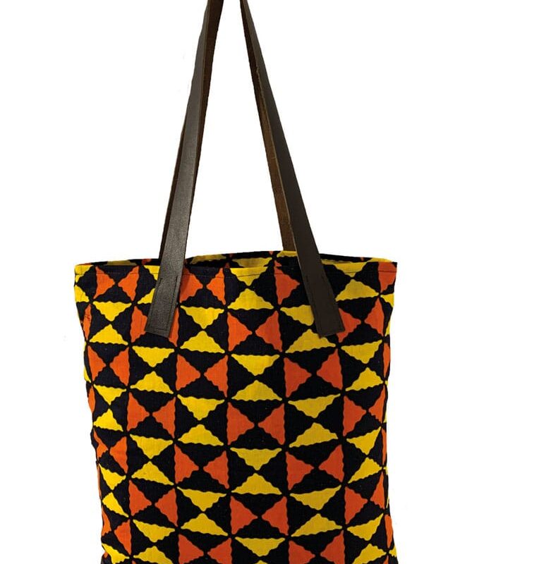 Bolsa de Tela y Cuero de Rombos Naranja y Amarillo Sandra