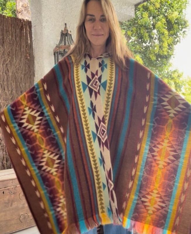 Poncho de Alpaca beige, marron, narnja y Azul Etnico Orange