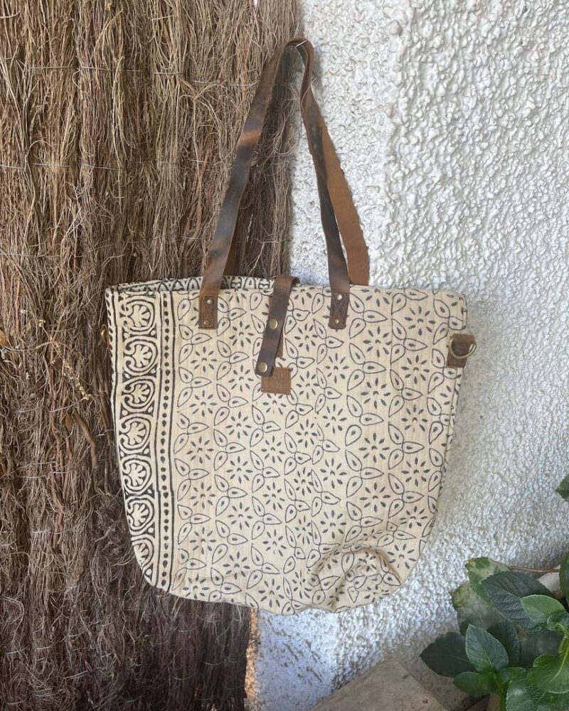Bolsa de Tela Block Print Sofia asas de cuero