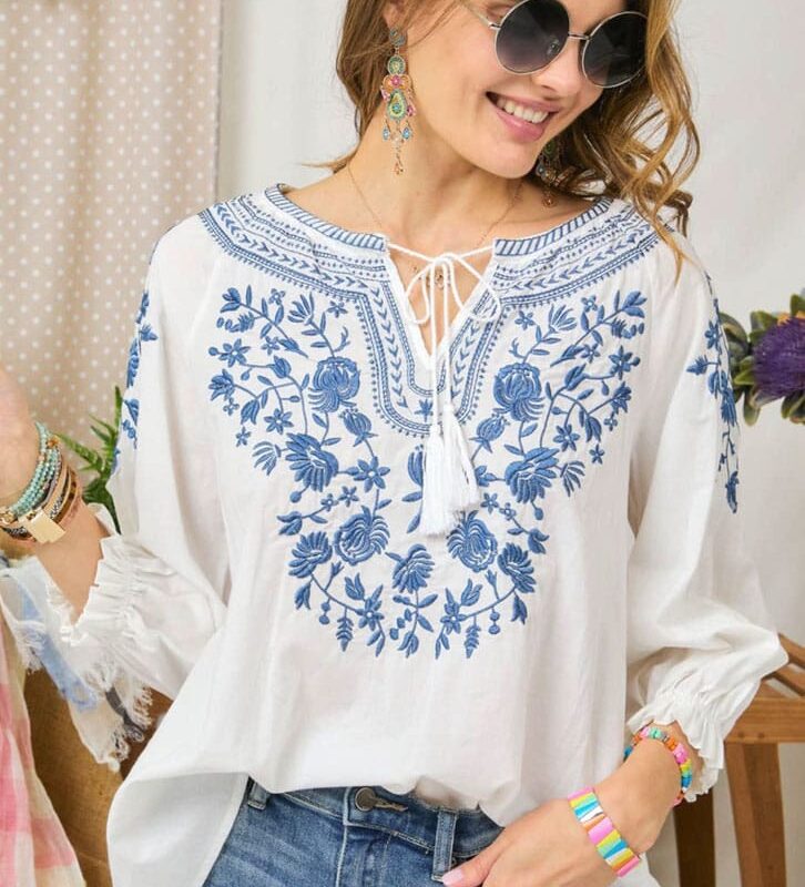 Camisa Bordada Blanca Flor