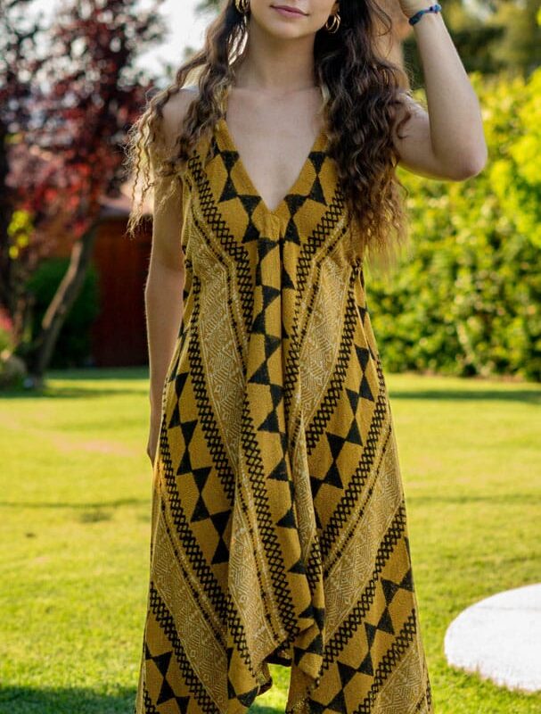 Vestido Pico Etnico Miel Largo